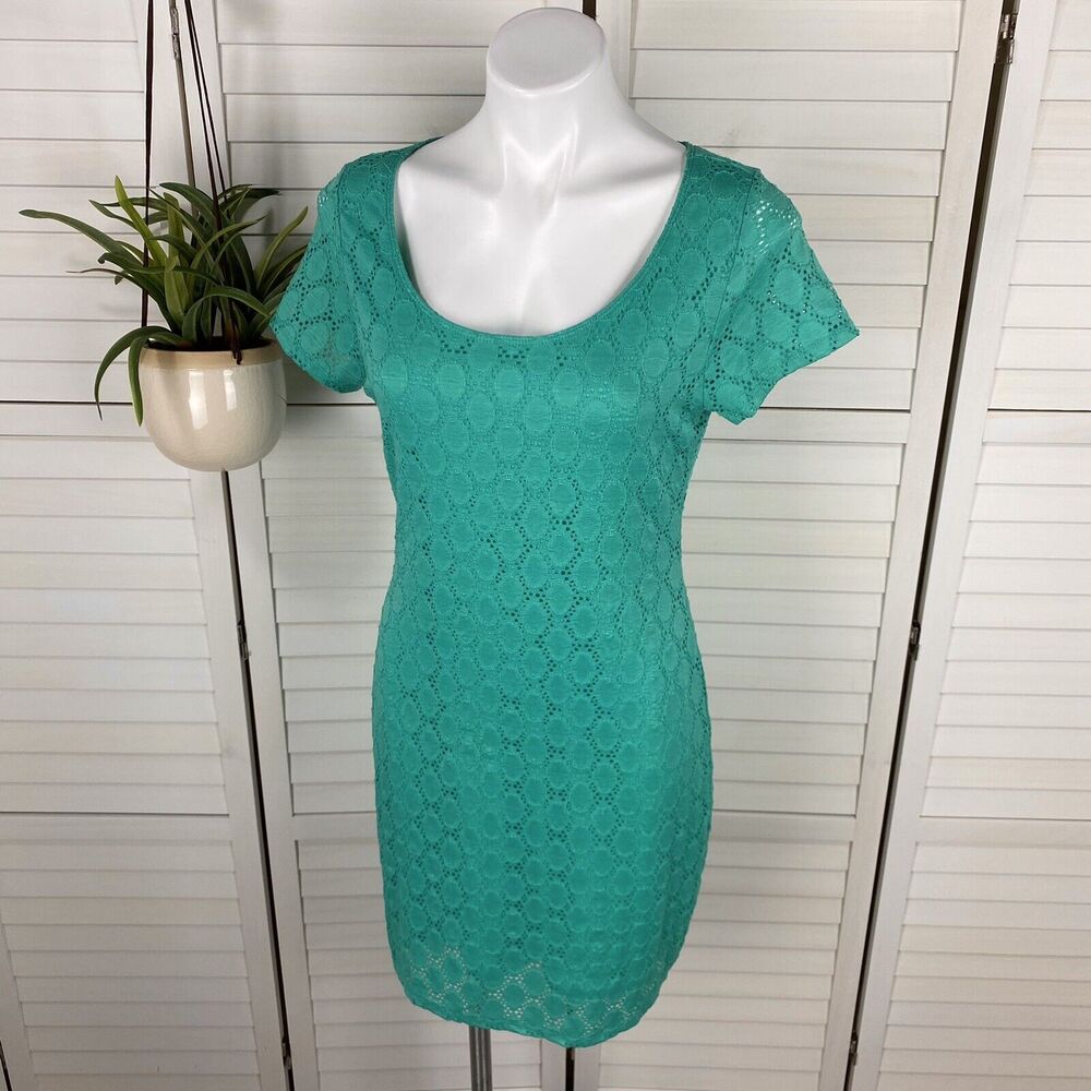 Isaac Mizrahi Green Stretch Perforated Lace Overlay Sheath Dress‎ Womens Size L